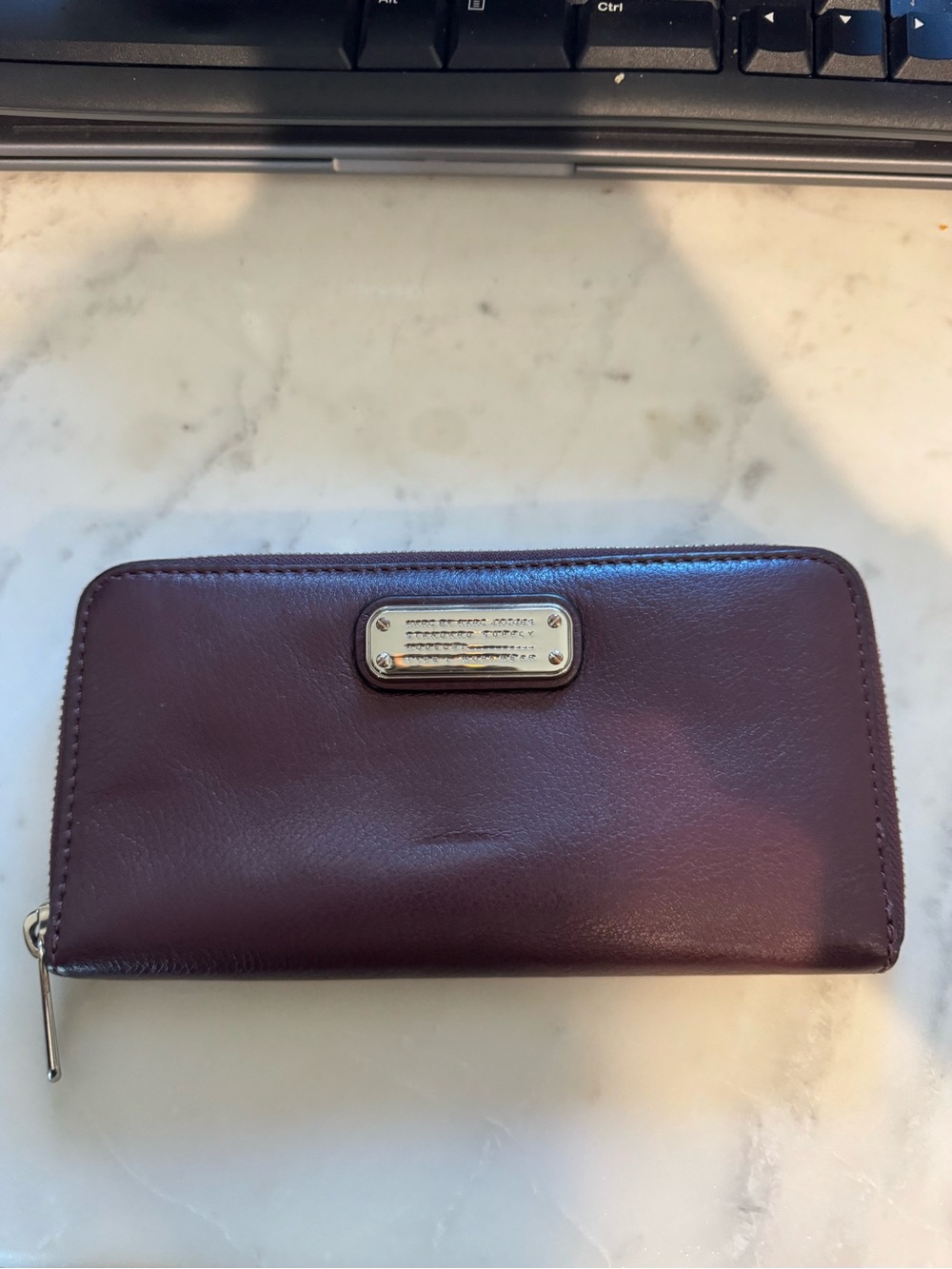 Marc by Marc Jacobs Zip-Around Wallet in Burgundy with Gold Plaque